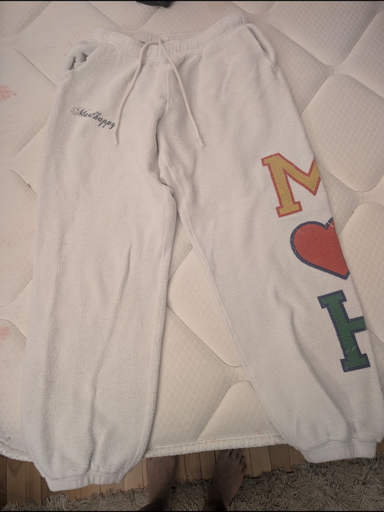Madhappy Pants - Madhappy White Fleece Sweatpants with Colorful Letter & Heart